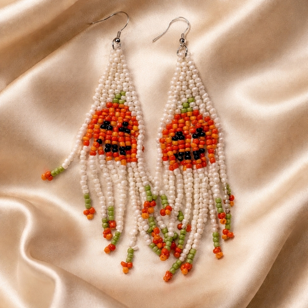 Pumpkin Seed Bead Earrings Orange Jack-O-Lantern Dangle Fringe Earrings Boho
